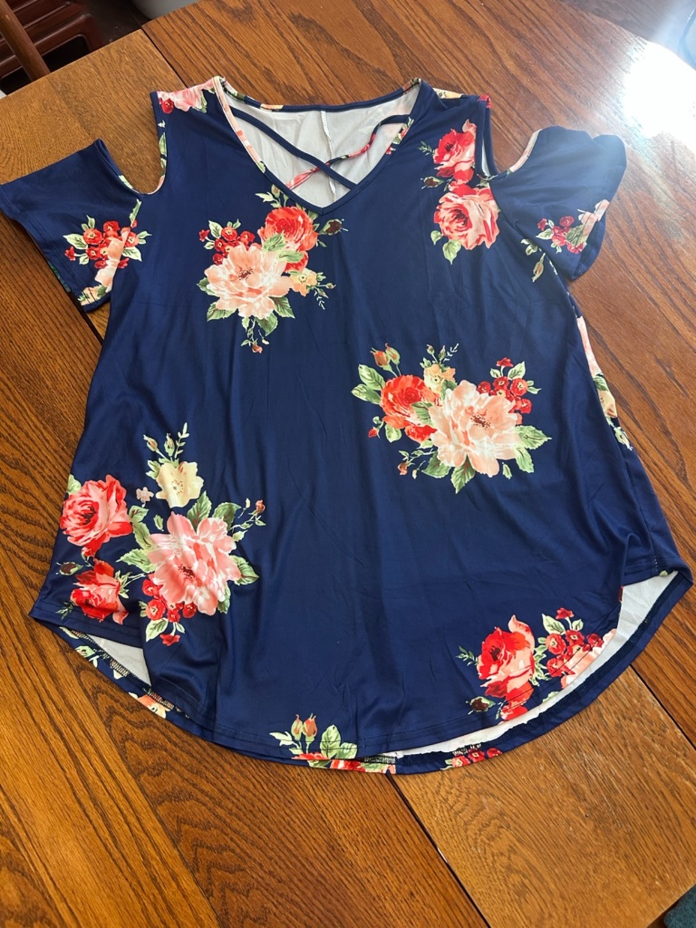 Navy Floral Cold-Shoulder V-Neck Top